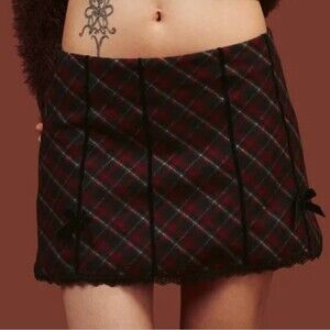 Unif Nerve Mini Skirt Plaid A-Line Skirt Bows Lace Trim Red Black White - Size S